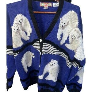 VTG Polar Bear Hand Knit Cowichan Sweater Size Large Chunky Yarn Cardigan Bay